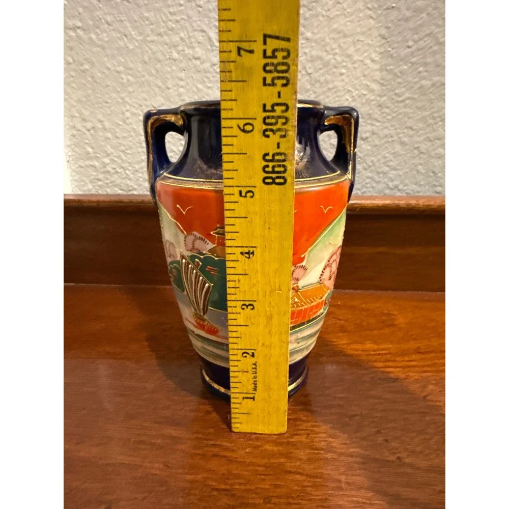 Vintage Japanese Vase Cobalt Blue Orange Landscape Scene Gold Trim Handles 6.75